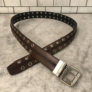 Y2K Reversible Double Grommet Belt Mens 42-44 Brown Leather Metal Buckle Punk